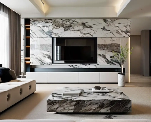 Living room with stone-textured TV cabinet and coffee table