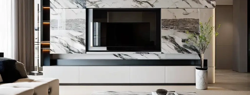 Living room with stone-textured TV cabinet and coffee table