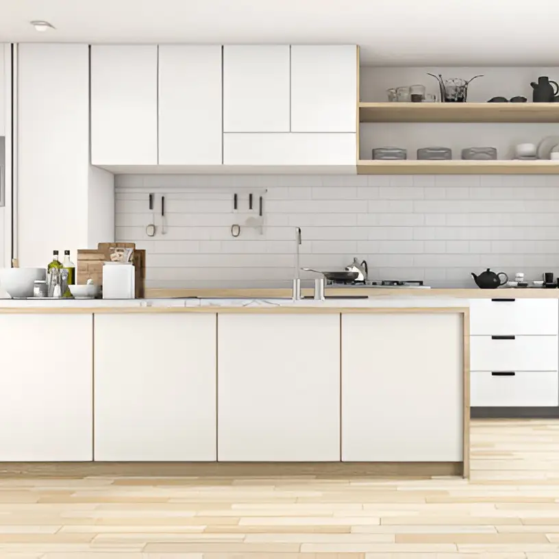 White PVC decorative foil for kitchen with built-in counter and wood cabinet